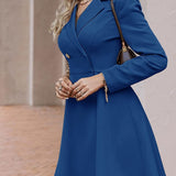 Romildi Elegant Button A-line Suit Coat Dress, Casual Long Sleeve Solid V-neck Double Breasted Waist Work Office Dresses, Women's Clothing