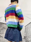 Romildi Rainbow Striped Button Up Knit Cardigan, Boho Crew Neck Long Sleeve Sweater, Women's Clothing