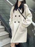 Romildi Double Breasted Dual Pockets Coat, Long Sleeve Lapel Coat For Fall & Winter, Women's Clothing