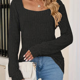 Romildi Squared Neck Rib Knit Sweater, Casual Long Sleeve Solid Sweater, Women's Clothing