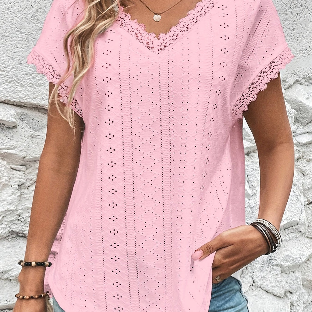 Romildi Romildi Lace Trim Eyelet Blouse, V Neck Loose Casual Top For Spring & Summer, Women's Clothing