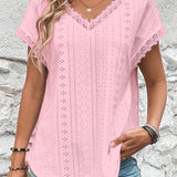 Romildi Lace Trim Eyelet Blouse, V Neck Loose Casual Top For Spring & Summer, Women's Clothing