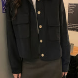 RomildiButton Front Solid Jacket, Casual Long Sleeve Vintage Outerwear, Women's Clothing