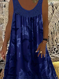 Romildi Plus Size Casual Tank Dress, Women's Plus Leaf Print Contrast Lace Round Neck Medium Stretch Tank Dress
