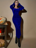 Romildi Ruched Sweetheart Neck Dress, Vintage Long Sleeve Bodycon Dress, Women's Clothing