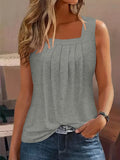 Romildi Pleated Front Square Neck Tank Top, Casual Sleeveless Tank Top For Summer, Women's Clothing