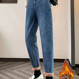 Romildi High Waist Versatile Tapered Jeans, Fleece Liner Keep Warm Casual Mom Jeans, Women's Denim Jeans & Clothing