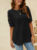 Romildi Button Decor Crew Neck T-shirt, Casual Loose Short Sleeve Summer T-Shirts Tops, Women's Clothing