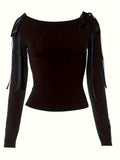 Romildi Solid Boat Neck Slim Tied T-Shirt, Y2K Long Sleeve Top, Women's Clothing