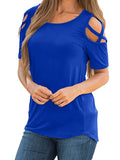 Romildi Cross Open Shoulder Crew Neck T-shirt, Casual Loose Short Sleeve Fashion Summer T-Shirts Tops, Women's Clothing