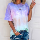 Romildi Tie Dye Color Block T-Shirt, Crew Neck Short Sleeve T-Shirt, Casual Every Day Tops, Women's Clothing