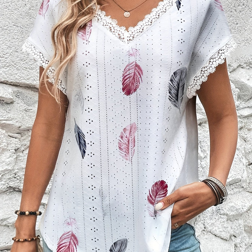 Romildi Floral Print Contrast Lace Blouse, Casual V Neck Short Sleeve Blouse, Women's Clothing