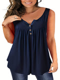 Romildi Plus Size Basic Tank Top, Women's Plus Plain Ruched V Neck Slight Stretch Henley Tank Top