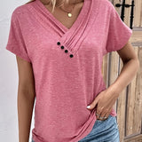 Romildi Solid Button Decor V Neck Ruched T-Shirt, Casual Short Sleeve Top For Spring & Summer, Women's Clothing