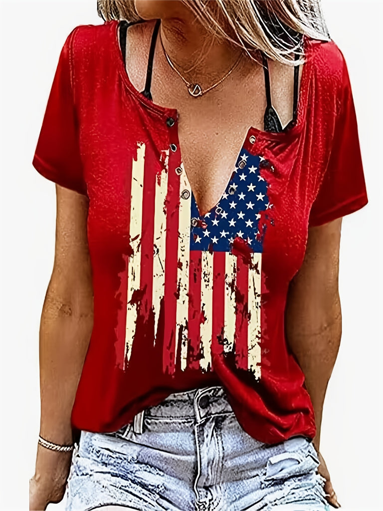 Romildi Independence Day Flag Print Crew Neck T-shirt, Casual Loose Short Sleeve Summer T-Shirts Tops, Women's Clothing