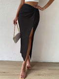 Romildi Romildi Twist Solid Skirts, Sexy Split Hem High Waist Bodycon Maxi Skirts, Women's Clothing