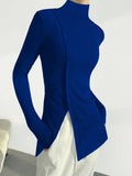 Romildi Solid Split Hem Mock Neck Top, Elegant Long Sleeve T-Shirt For Spring & Fall, Women's Clothing