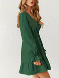 Romildi Shirred Waist Ruffle Trim Dress, Casual V Neck Long Sleeve Dress, Women's Clothing