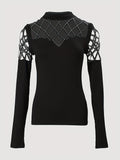 Romildi Cutout Rhinestone Decor T-Shirt, Casual Long Sleeve Top For Spring & Fall, Women's Clothing