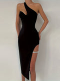 Romildi One-shoulder Sleeveless Dress, Stylish Solid Color Split Hem Slim Dress, Women's Clothing
