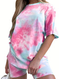 Romildi Plus Size Casual Outfits Set, Women's Plus Tie Dye Short Sleeve Round Neck Top & Shorts Outfits Two Piece Set