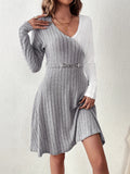 Romildi Ribbed Color Block Dress, Elegant A-line V Neck Long Sleeve Dress, Women's Clothing