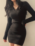 Romildi Solid Knit Sweater Dress, Elegant V Neck Long Sleeve Bodycon Dress For Fall & Winter, Women's Clothing