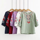 RomiLdi Embroidery Floral Blouse for Women Crew Neck Mid Sleeve Cotton Linen Blouse