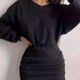 Romildi Ruched Bodycon Dress, Sexy Long Sleeve Bag Hip Mini Dress, Women's Clothing