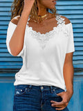 Romildi Lace Cold Shoulder T-Shirt, Sexy Short Sleeve Casual Top For Spring & Fall, Women's Clothing