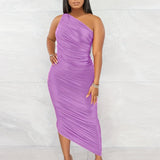 Romildi Ruched One Shoulder Dress, Sexy Sleeveless Bodycon Party Solid Dress, Women's Clothing