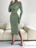 Romildi Solid Bodycon Twist Front Dress, Crew Neck Dress For Fall & Winter, Women's Clothing