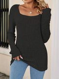 Romildi Squared Neck Rib Knit Sweater, Casual Long Sleeve Solid Sweater, Women's Clothing