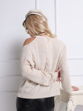 Romildi Solid Side Cold Shoulder Sweater, Casual Cable Knit Pullover Knitted Top For Fall & Winter, Women's Clothing