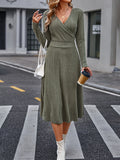 Romildi Solid Surplice Neck Dress, Elegant Long Sleeve Midi Dress, Women's Clothing