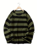 Benpaolv Plus Size Men's Fashion Striped Sweater Ripped Knit Sweater, Long-sleeved Pullover Spring/autumn Tops For Big & Tall Guys