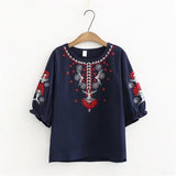 RomiLdi Embroidery Floral Blouse for Women Crew Neck Mid Sleeve Cotton Linen Blouse