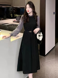 Romildi Color Block Lettuce Trim Dress, Elegant Long Sleeve Midi Dress, Women's Clothing