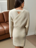 Romildi Rib Knit Sweater Dress, Sexy V Neck Long Sleeve Bodycon Dress, Women's Clothing