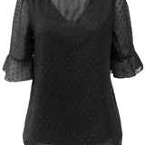 Romildi Romildi V-neck Loose Chiffon Shirt, Casual 3/4 Long Sleeve Fashion Blouses Tops, Women's Clothing