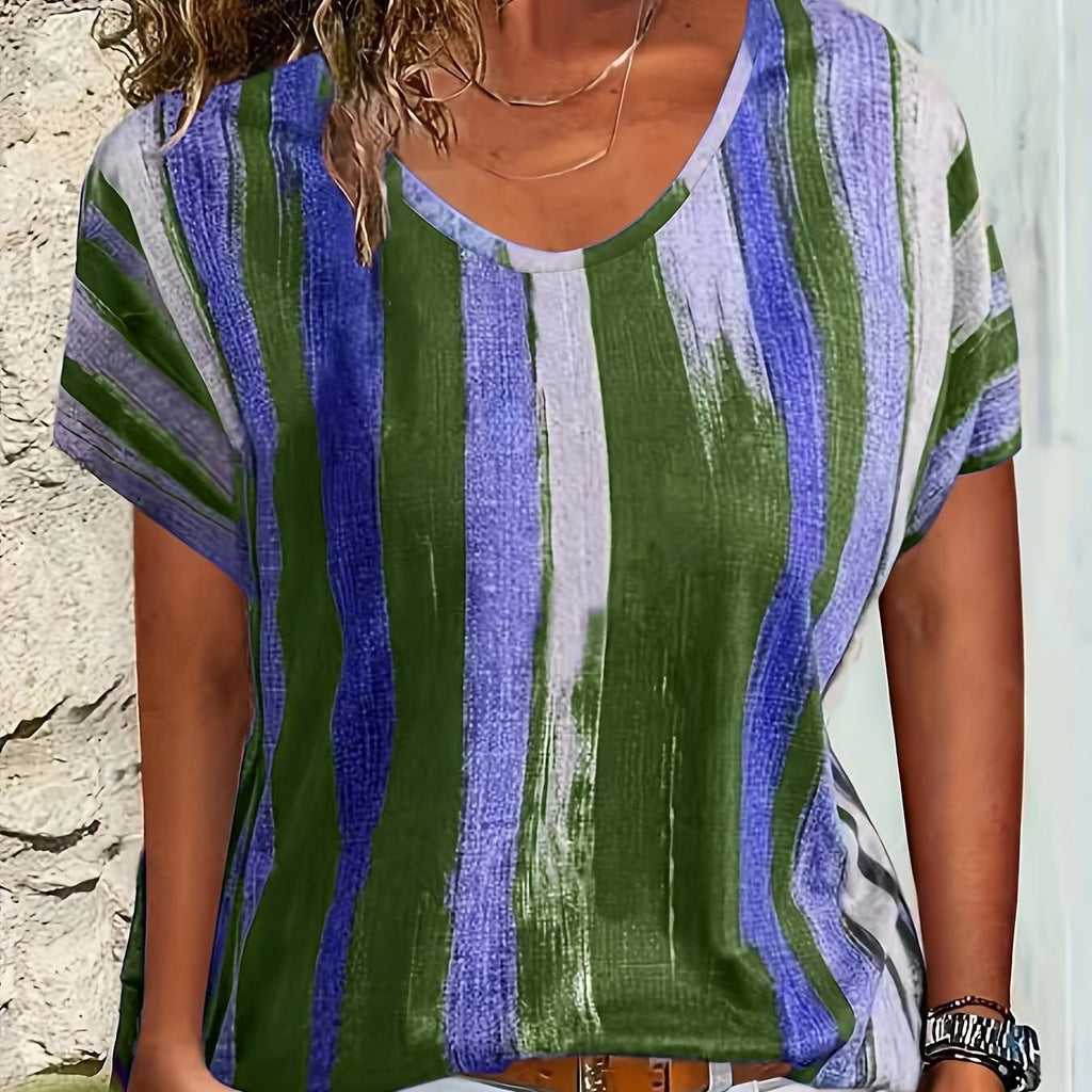 Romildi Geometric Graphic Print V Neck T-shirt, Casual Loose Short Sleeve Summer T-Shirts Tops, Women's Clothing