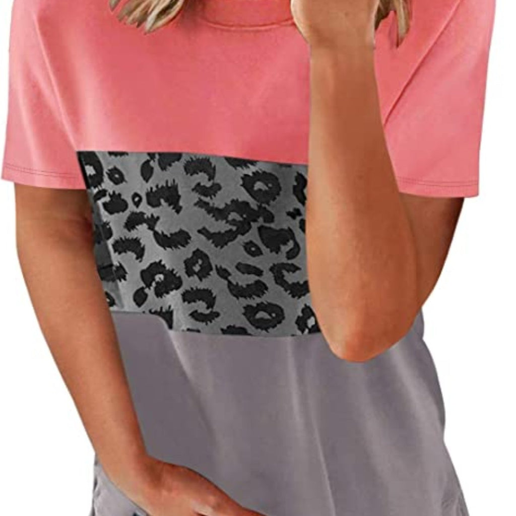 Romildi Color Block Leopard Print Casual T-Shirt, Crew Neck Short Sleeve Top For Summer & Spring, Women's Clothing
