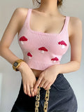 Romildi Mushroom Pattern Crop Knitted Top, Cute Sleeveless Tank Top For Summer, Women's Clothing