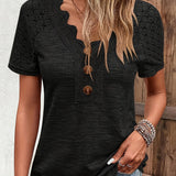 Romildi Contrast Lace Ribbed V Neck T-Shirt, Casual Button Front Short Sleeve Top For Spring & Summer, Women's Clothing