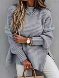 Romildi Solid Mock Neck Chunky Knit Sweater, Casual Long Sleeve Split Pullover Sweater For Fall & Winter, Women's Clothing