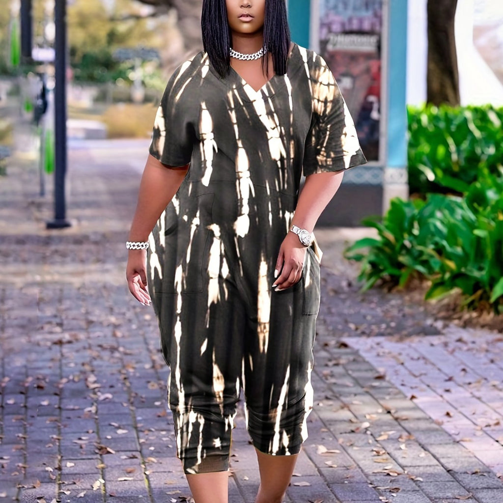 Romildi Women's Plus Size Boho Jumpsuit with Tie Dye V-Neck and Short Sleeves - Stylish and Comfortable