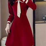 Romildi Tie Neck A Line Dress, Elegant Long Sleeve Midi Dress, Women's Clothing