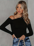 Romildi Solid Cold Shoulder T-Shirt, Casual Long Sleeve Top For Spring & Fall, Women's Clothing