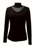 Romildi Contrast Mesh Mock Neck Knitted Top, Elegant Long Sleeve Slim Sweater, Women's Clothing