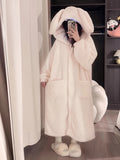 Romildi Cute Rabbit Hooded Fleece Night Robe, Thickened Long Sleeve Button Up Robe With Pockets, Women's Sleepwear & Dresses